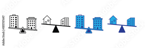 Comparing the weight and balance of residential homes versus commercial office buildings on a seesaw in various icon styles, symbolizing real estate market dynamics.