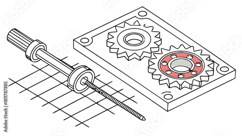 Isometric view of gears and threaded rod assembly