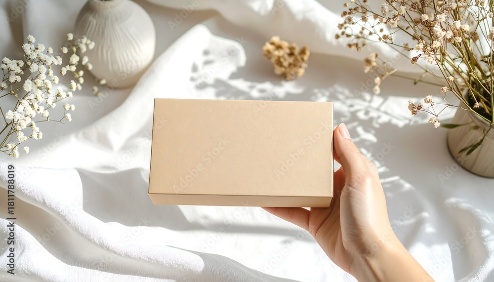 Obraz premium Hand holding a plain cardboard gift box on a draped white fabric with dried flowers and decor