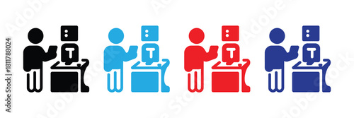 Set of four human silhouette icons interacting with a machine or counter, showcasing different colors for diverse applications and concepts.