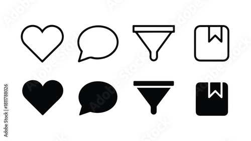 A set of eight minimalist social media icons arranged in two rows against a white background 