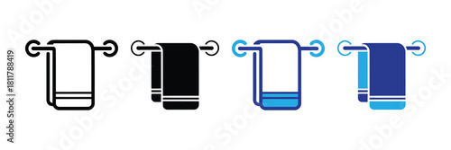 Set of four towel icons on a rack: line art, solid black, outline blue, and solid blue, representing bathroom or spa accessories and hygiene services.