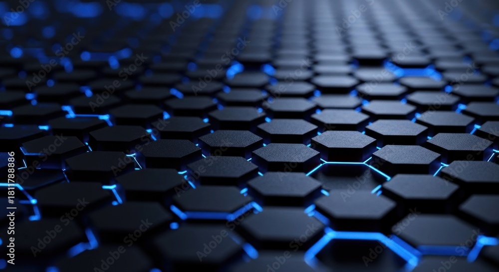 Naklejka premium Hex grid Dark hexagons with glowing blue edges, receding into defocus