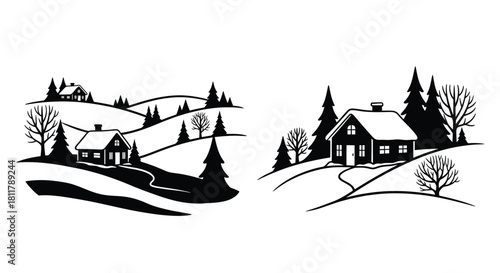 Black and white illustration of cozy houses nestled in rolling hills and trees