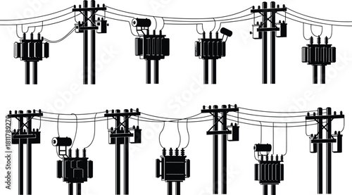 Silhouette vector illustration of utility poles with transformers and power lines—technical infrastructure layout for power distribution, engineering, planning, and reference