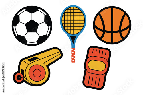 Collection of Sports Equipment Icons Soccer ball, Tennis racket, Basketball