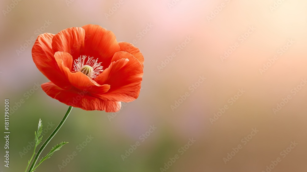 Fototapeta premium Elegant Red Poppy Flower in Bloom with Soft Background Light Creating a Peaceful and Serene Atmosphere for Nature and Floral Photography