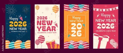 Vibrant happy new year 2026 social media story templates with festive balloons, gifts, fireworks and party elements in colorful holiday style