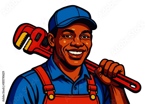 happy plumber in uniform with a large red pipe wrench, ideal for trade or service concepts. Generative ai vector colorful pop art illustration.