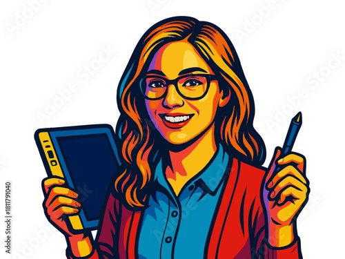 cheerful female artist holding a graphic tablet and pen, symbolizing creativity, design, and digital art tools. Generative ai vector colorful pop art illustration.