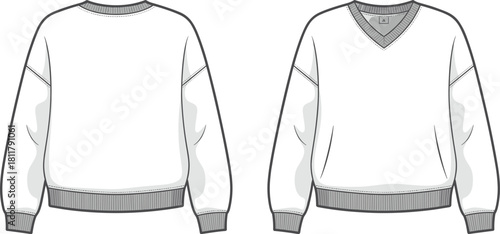 Cad drawing flat vector illustration of front and back sweatshirt design, technical fashion sketch, apparel garment template for production, patternmaking, manufacturing
