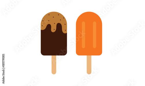 Ice cream popsicles one chocolate dipped and one orange flavored stick.
