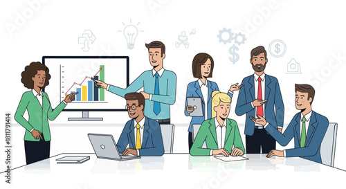 Dynamic Business Team Analyzing Data and Collaborating in Office