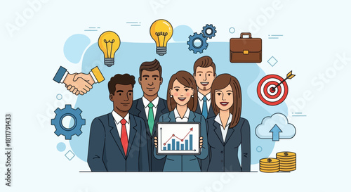 Collaborative teamwork and innovative business strategies illustration