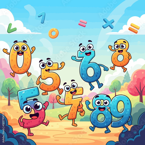 Cartoon numbers characters illustration for kids learning math, colorful and fun.