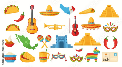 Colorful Vector Illustrations of Mexican Culture Elements, Food, and Holiday Symbols