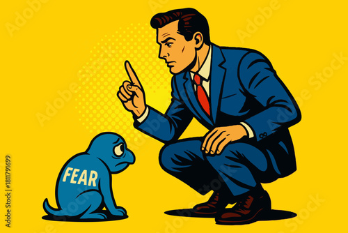 businessman pointing at a blue creature labeled Fear, symbolizing courage, mindset, and self-mastery. Generative ai vector colorful pop art illustration.