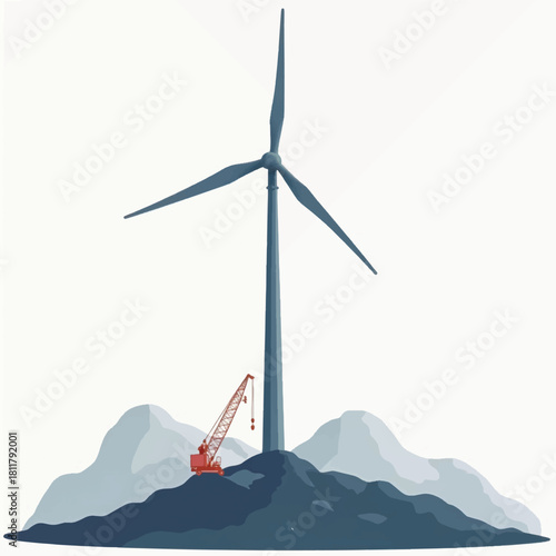 Wind Turbine on Mountain with Crane Illustration.