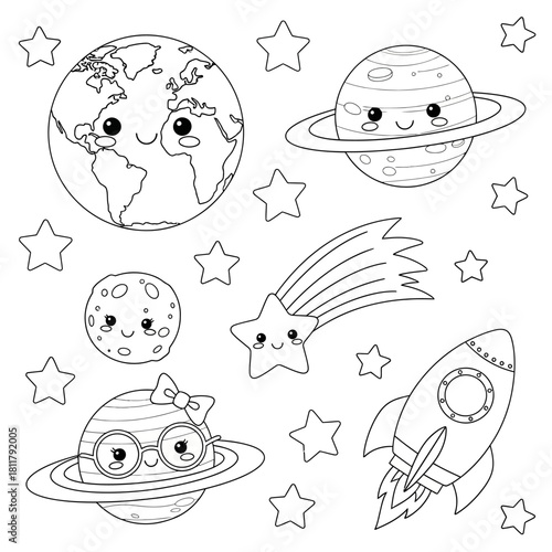 Black and white cartoon illustration of planets, stars, and a rocket.