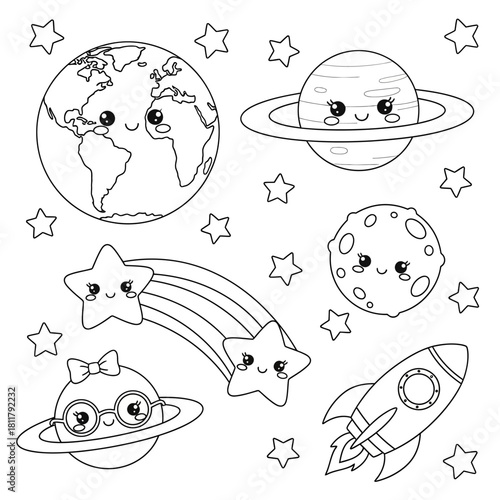 Cute space coloring page with planets, stars, and a rocket ship.