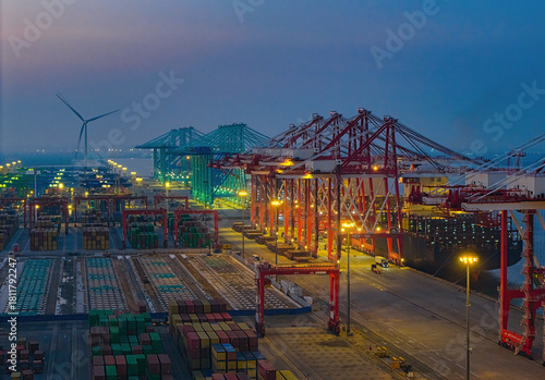 Night view of the cargo terminal of Tianjin Port from an aerial perspective
