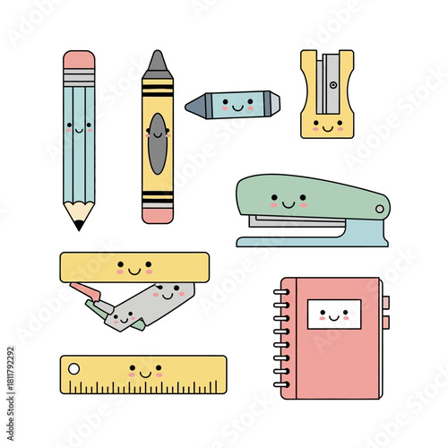 Cute cartoon school supplies: pencil, crayon, sharpener, stapler, notebook, ruler, eraser.