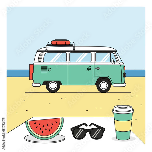 Illustration of a vintage van on a beach with summer accessories.