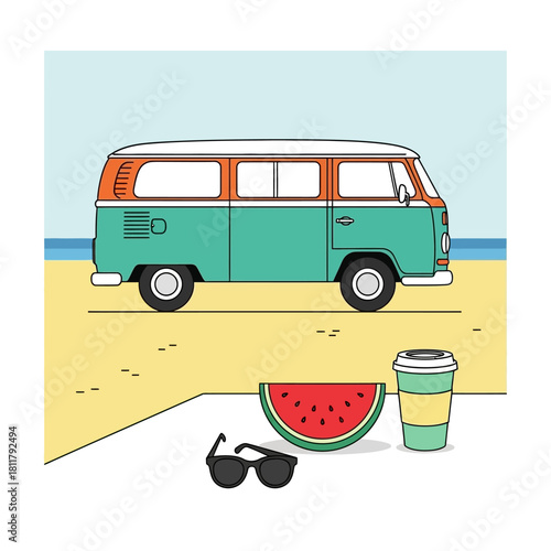 Illustration of a vintage van at the beach with watermelon and coffee.