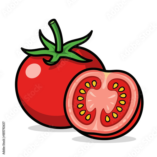 Illustration of a whole tomato and a halved tomato with seeds.