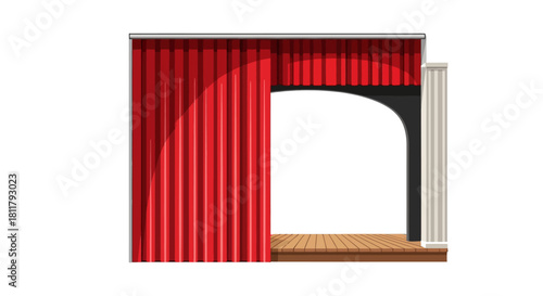 Vector illustration of a classic theater stage with an open red curtain and an arched entrance for a performance or show