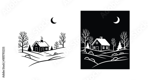 A peaceful winter landscape with a small house and a crescent moon