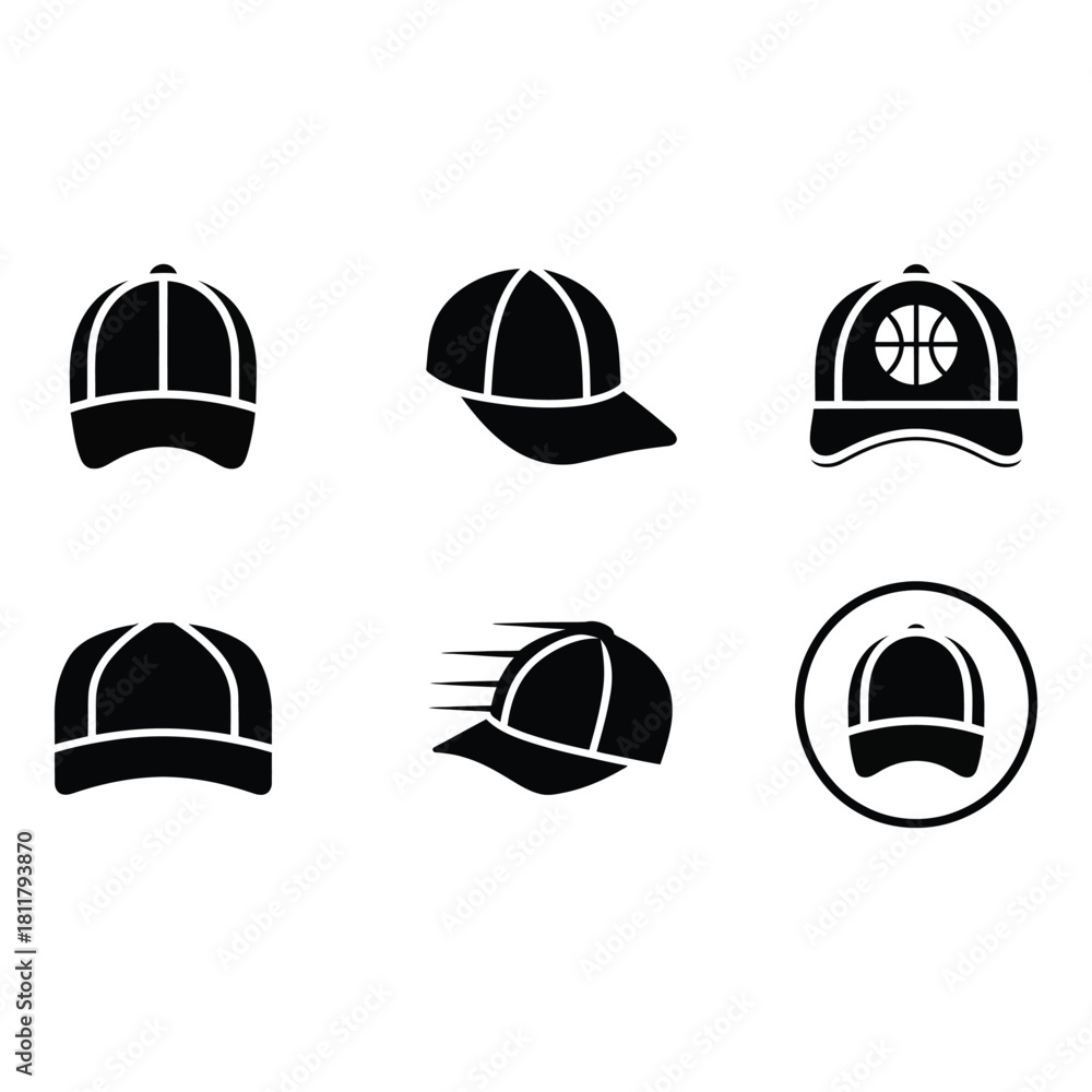 Fototapeta premium Collection of six black baseball cap icons in different styles