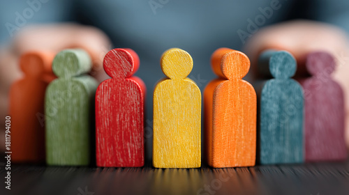 Businessman covering wooden human figures representing commitment to employee protection and rights