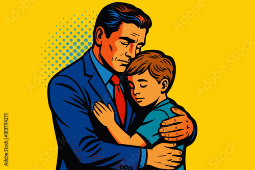 father hugging his child tightly with closed eyes, conveying love, comfort, and emotional bonding. Generative ai vector colorful pop art illustration.