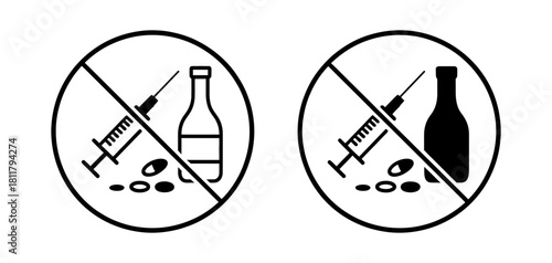 Prohibition of drugs and alcohol vector icon set featuring syringe, pills, and bottle symbols within a forbidden sign, highlighting health warnings