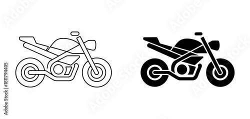 Motorcycle icon set featuring an outline line drawing and a solid black silhouette graphic. vector illustration of a single sport bike transportation for design.