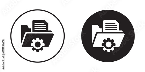 Folder with a gear and document icon set showing file management, settings, system configuration, and data organization concepts for web design