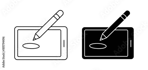 Modern graphic tablet and stylus pen line and glyph vector icon for digital art, design, e-signature, illustration, creativity, and technology.