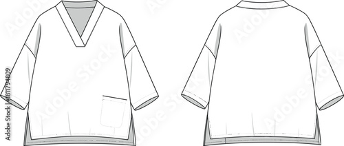 Oversized V-neck top fashion template with patch pocket and layered hem details, technical garment sketch for apparel design, cad drawing flat vector illustration