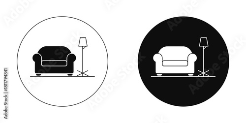 Minimalist armchair and floor lamp icon set, perfect for modern interior design, home comfort, relaxation, and contemporary living space themes and concepts.