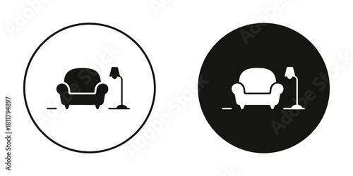 Minimalist armchair and floor lamp icon set, perfect for modern interior design, home comfort, relaxation, and contemporary living space themes and concepts.