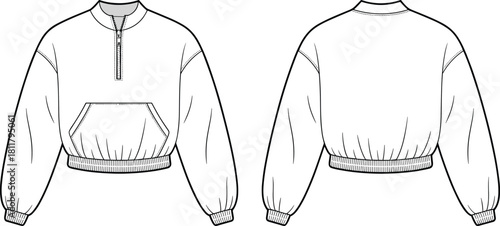 Cropped half zip sweatshirt front and back technical fashion sketch showcasing detailed stitching, ribbed hem, sleeves and pocket – cad drawing flat vector illustration