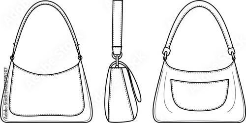 CAD drawing flat vector illustration, detailed shoulder bag technical sketch with front side and back views, fashion accessory template for production CAD 