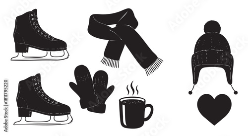 Minimalist black and white vector illustration set of cozy winter essentials including ice skates, a warm scarf, mittens, a pompom hat, a steaming mug, and a heart symbol