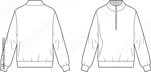 Quarter zip sweatshirt front and back technical fashion sketch, clean apparel template, cad drawing flat vector illustration for designers