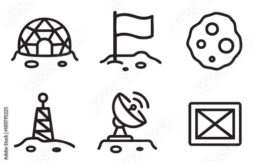 Minimalist black outline icon set for a space mission or planetary colonization theme, featuring a dome, flag, asteroid, tower, satellite, and crate