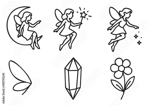 Collection of minimalist black line art icons featuring magical fairies, a crescent moon, a magic wand, a crystal, a flower, and a wing