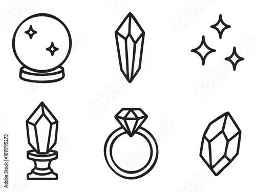 Set of six black and white line art icons depicting magical and precious items like a crystal ball, gemstones, a diamond ring, and sparkles