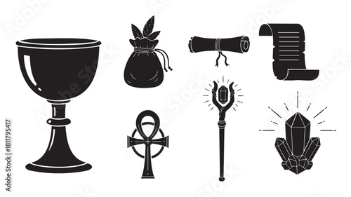 Set of black silhouette icons representing fantasy, magic, and ancient artifacts like a chalice, scroll, ankh, crystal staff, and a mystical pouch
