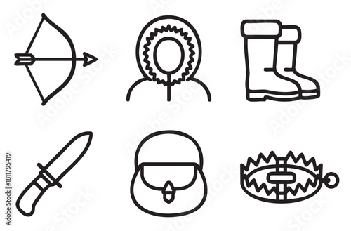 Set of six minimalist outline icons for arctic hunting and wilderness survival, featuring a bow and arrow, winter clothing, a knife, and a trap on a clean white backdrop